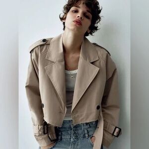Zara Cropped Trench Coat in Beige